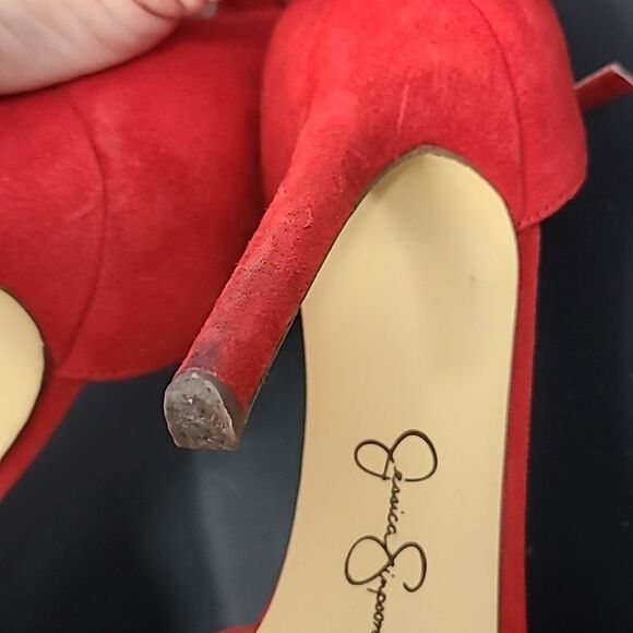 Jessica Simpson Postrie Pump Red Suede Stiletto Heels Ankle Strap Pointed Toe - Picture 5 of 9